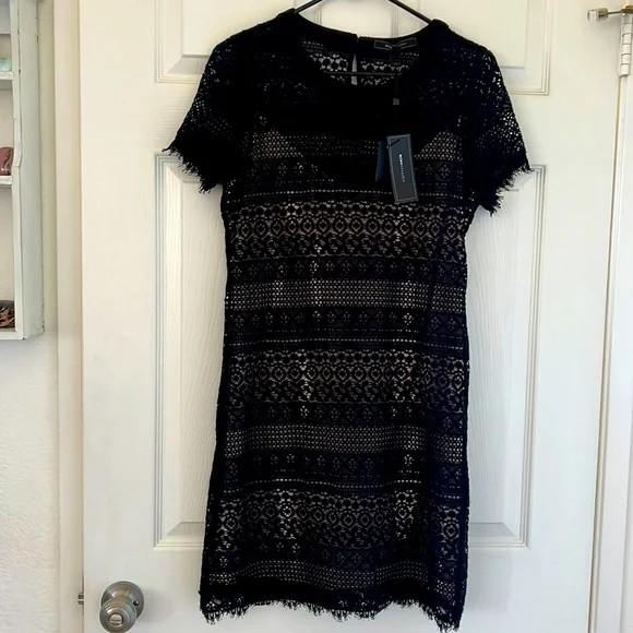 black lace dress beige underneath Color Block Lace Dress